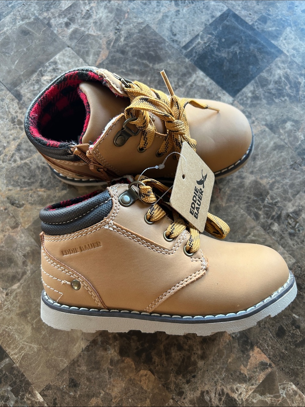 NWT 🆕 Eddie Bauer Toddler Tan Lace-Up Plaid-Lined Ankle Boots with Side Zip sz 9